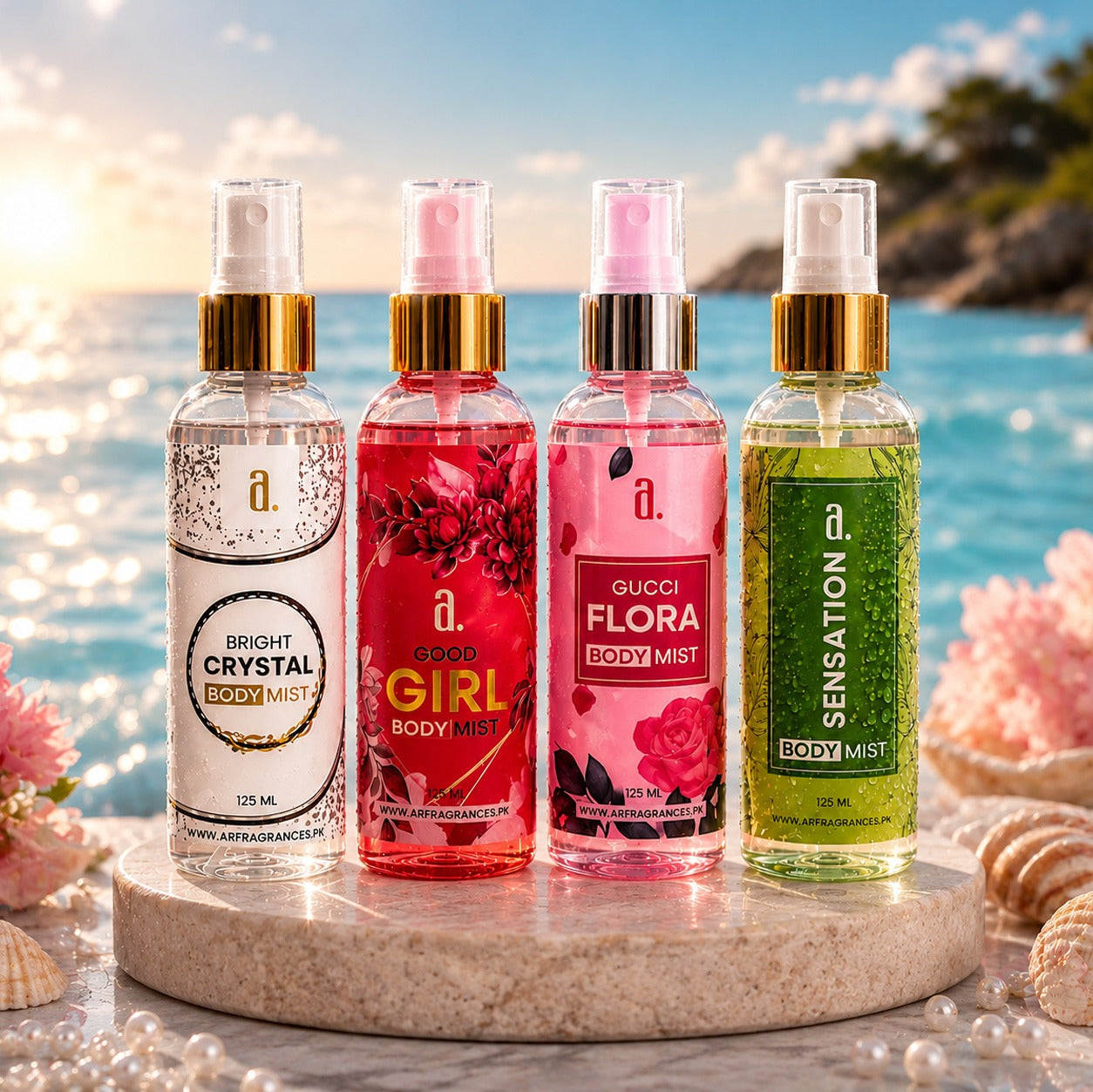 BUNDLE OF 4 BODY MISTS FOR WOMEN – BRIGHT CRYSTAL, GOOD GIRL, GUCCI FLORA & SENSATION