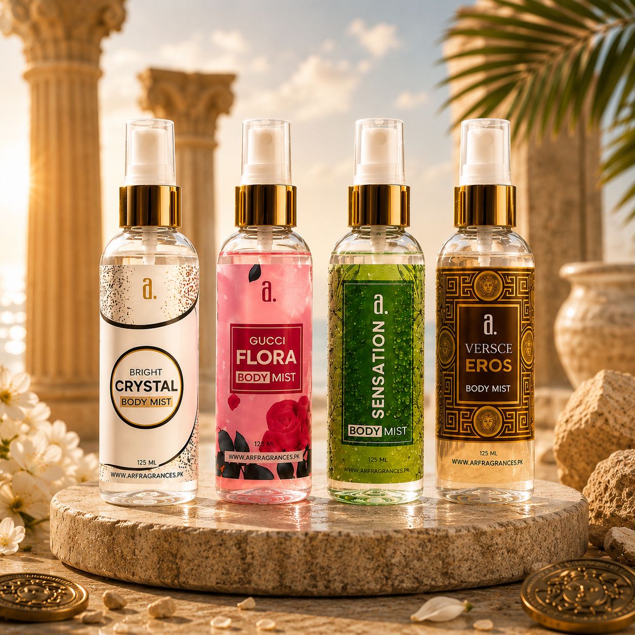 UNISEX BUNDLE OF 4 BODY MISTS – GUCCI FLORA, SENSATION, VERSACE EROS & 1 MILLION