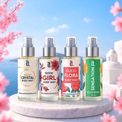 BUNDLE OF 4 BODY MISTS FOR WOMEN – BRIGHT CRYSTAL, GOOD GIRL, GUCCI FLORA & SENSATION