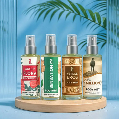 UNISEX BUNDLE OF 4 BODY MISTS – GUCCI FLORA, SENSATION, VERSACE EROS & 1 MILLION
