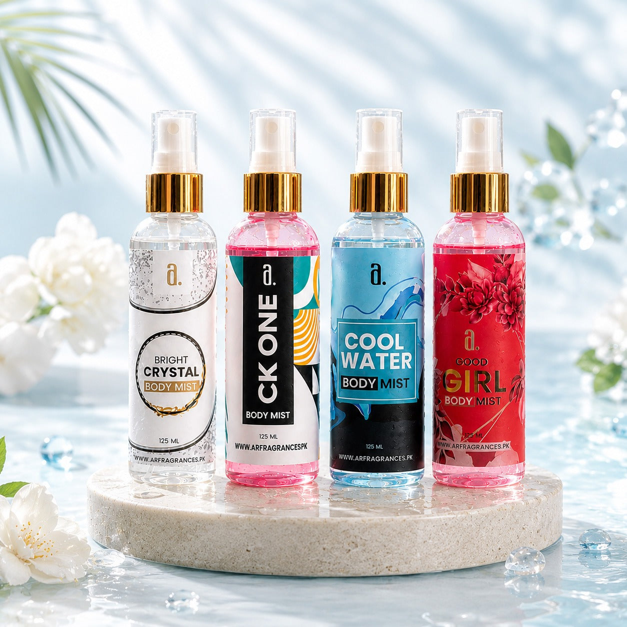 UNISEX BUNDLE OF 4 BODY MISTS – CK ONE, BRIGHT CRYSTAL, GOOD GIRL & COOL WATER