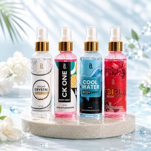 UNISEX BUNDLE OF 4 BODY MISTS – CK ONE, BRIGHT CRYSTAL, GOOD GIRL & COOL WATER